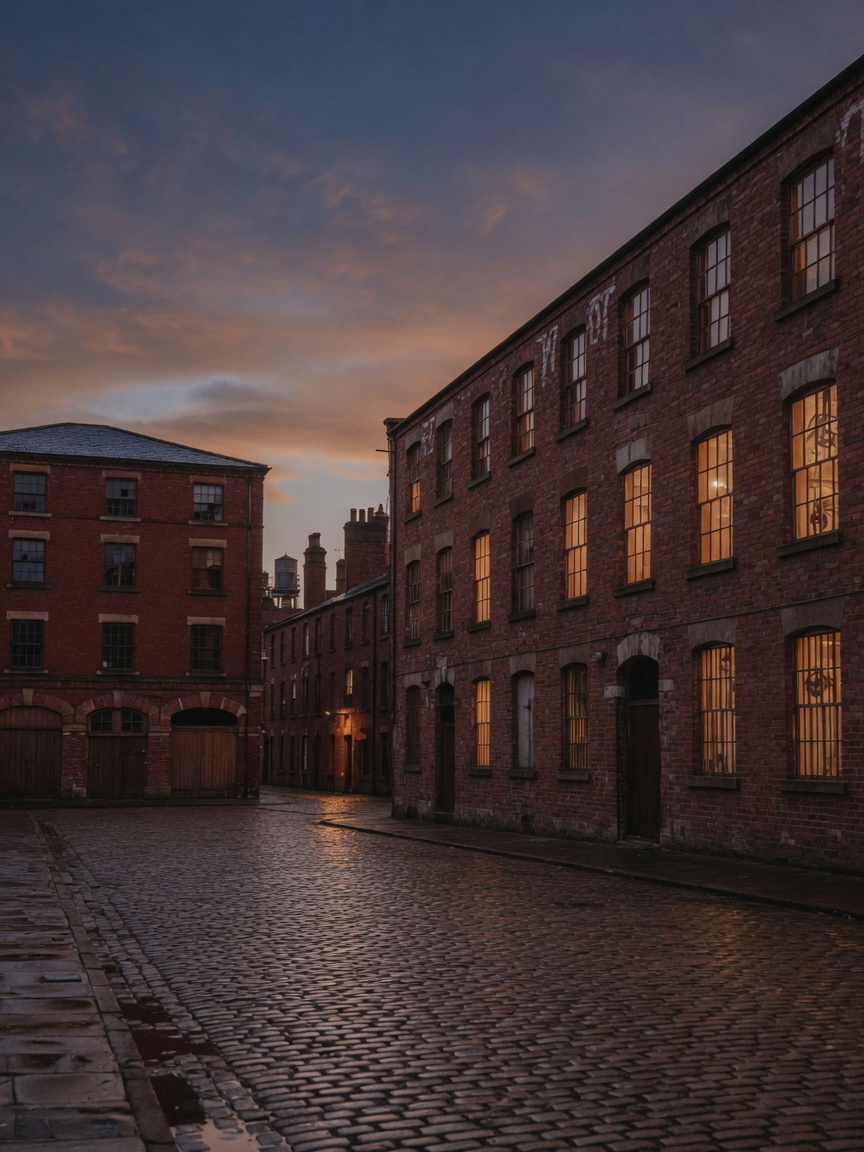 Red-brick mill courtyard in Ancoats at dusk