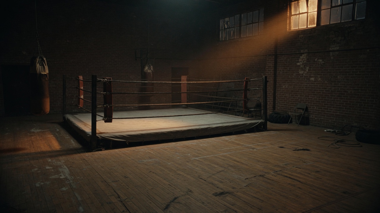 An empty boxing ring in a brick gym, lit from a high window